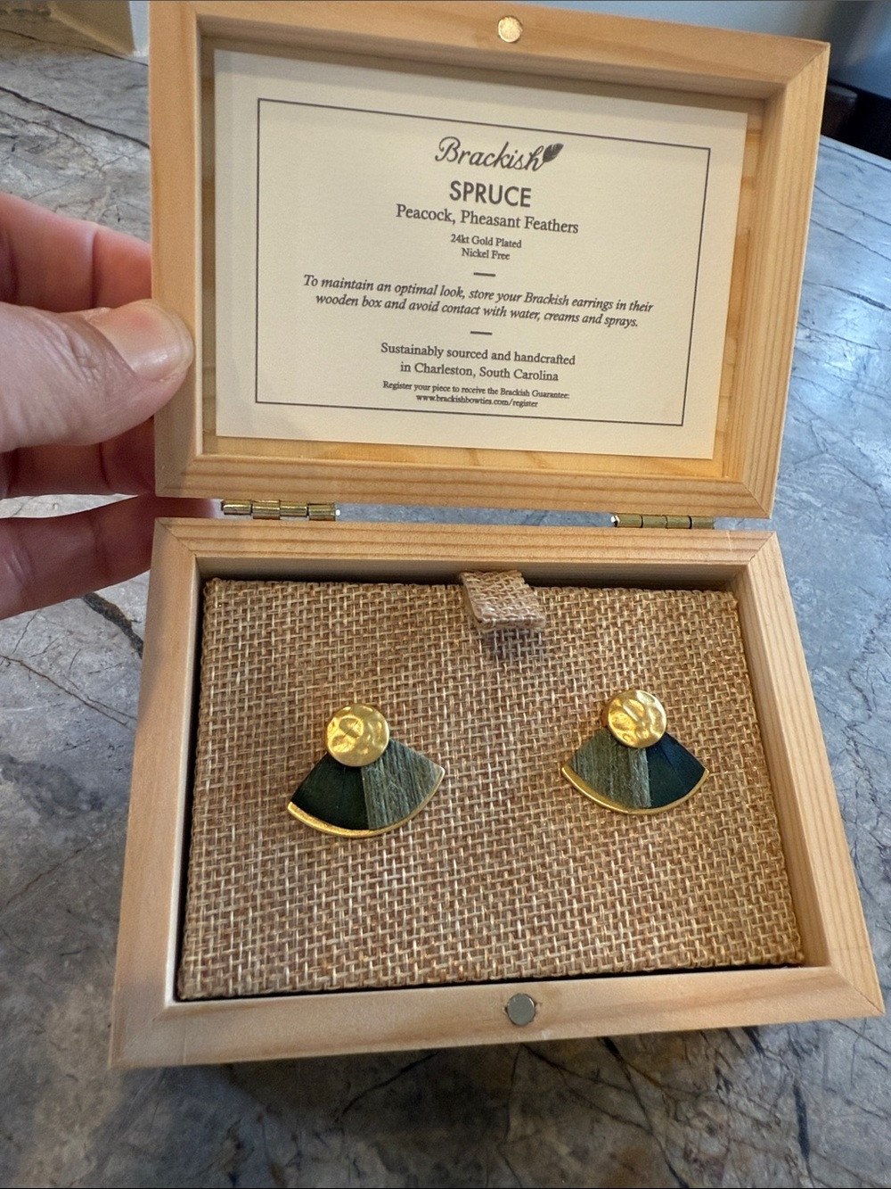 Green & Gold Spruce Fan Feather Earrings